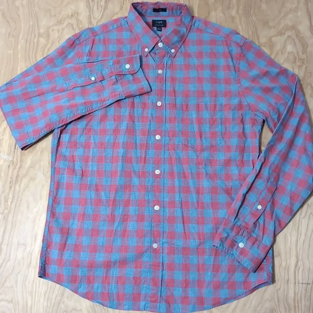 J Crew Shirt Mens L Red Blue Check Slim Button Down Long Sleeve Heatherd Cotton‎